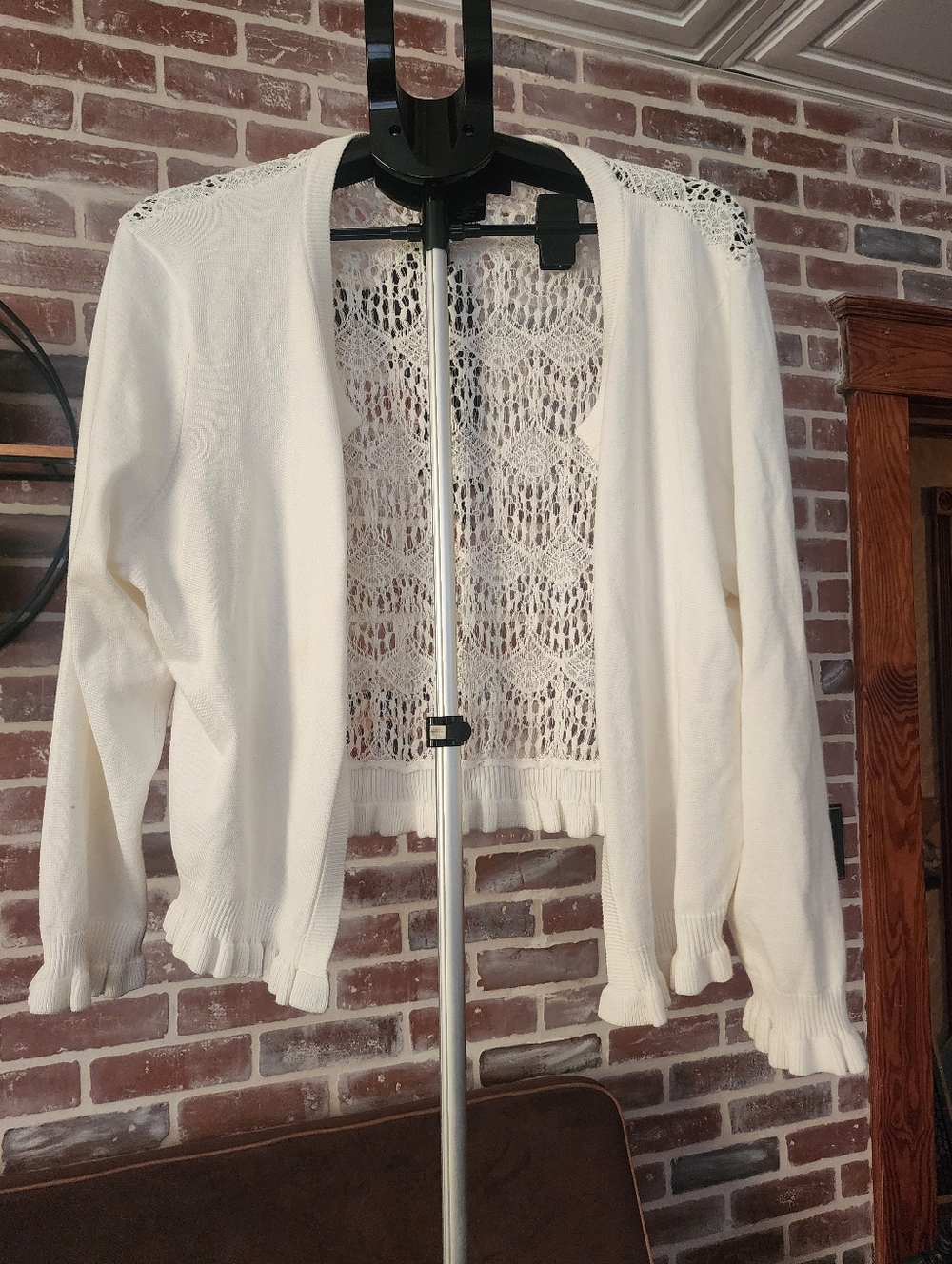 DKNY Cream Open-Front Crochet-Back Cardigan